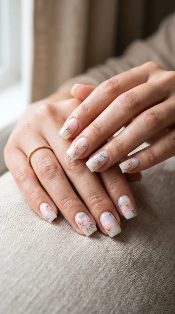 A woman's hands with painted nails and a ring on her finger.