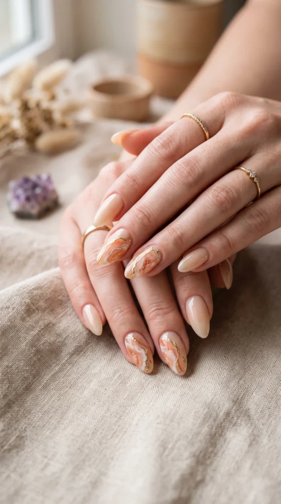 A person's hand with a ring on the finger and a painted nail.,
aesthetic soft girl nail trends