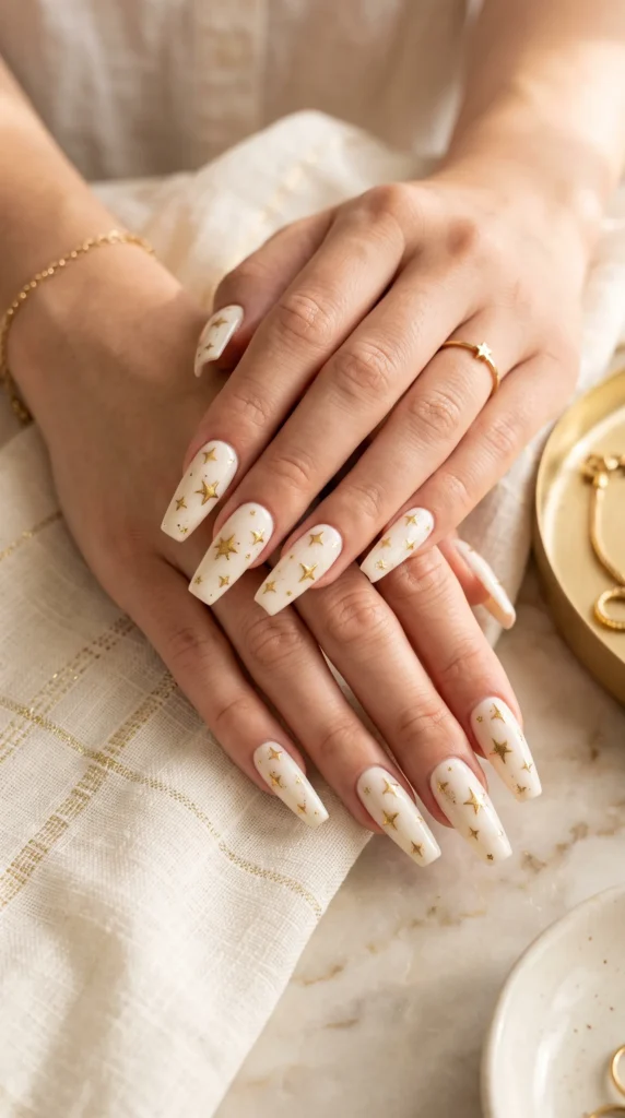 A woman with white nail polish and gold stars on her nails.
