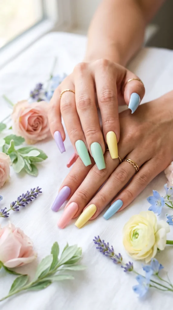 A woman with colorful nail polish on her fingers.
