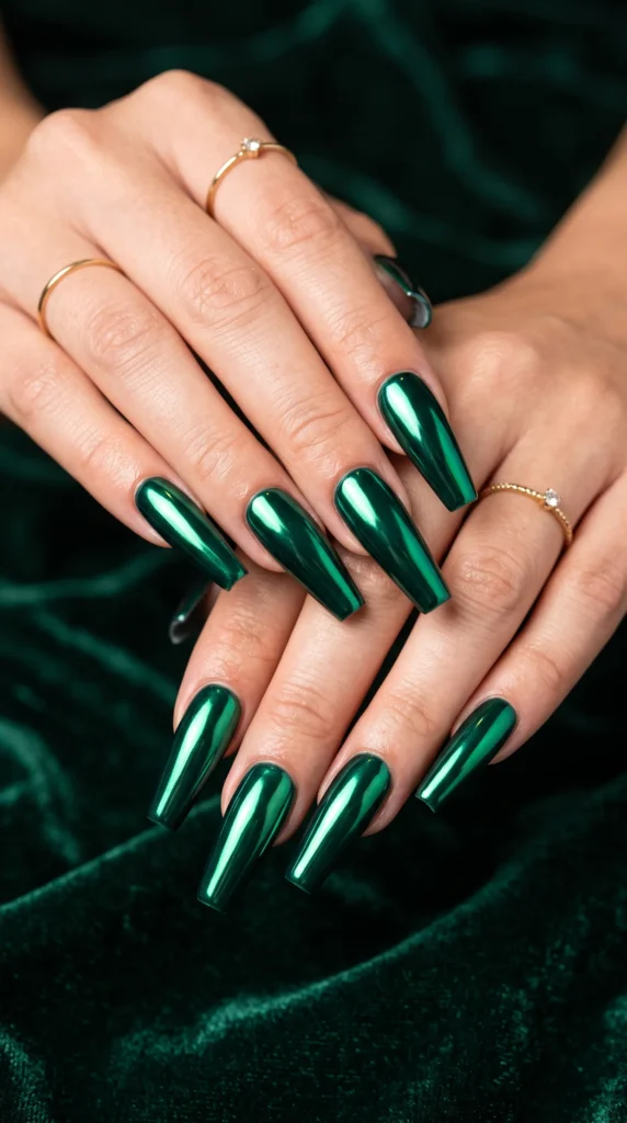 A woman with green nail polish on her fingernails.