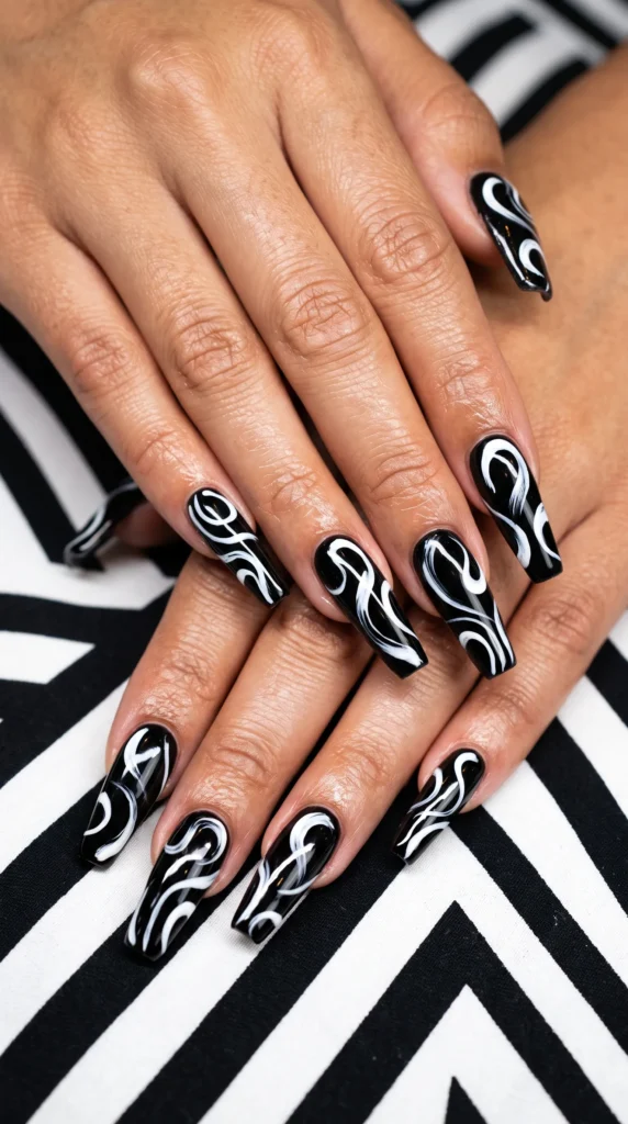 A woman with black and white nails.