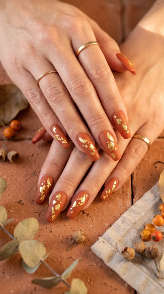A woman with orange nail polish and gold accents on her nails.