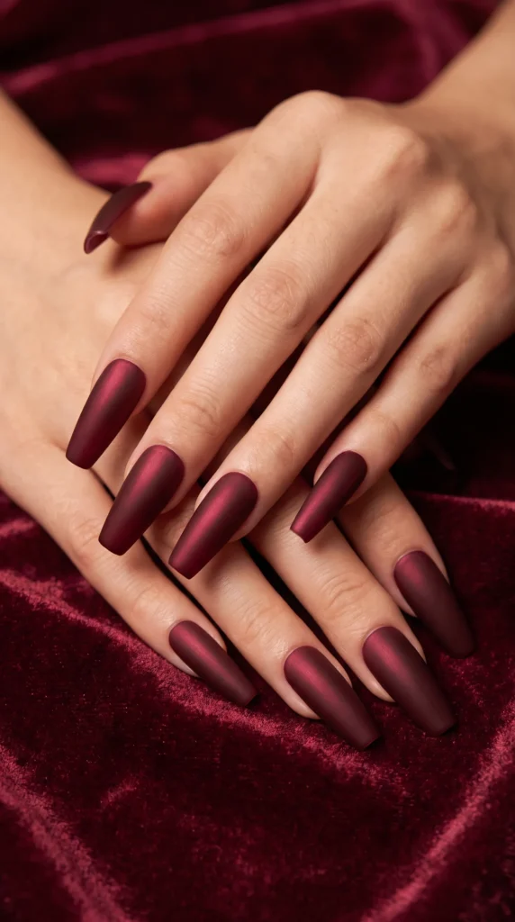 A person with dark red nail polish on their fingernails.