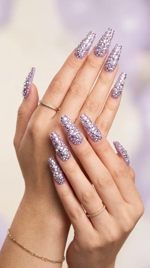 A woman with purple nail polish and a ring on her finger.