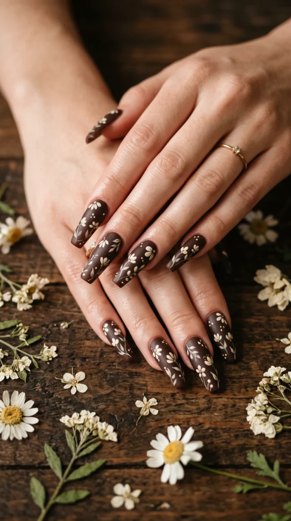 A woman with brown nail polish and a flower design on her nails.