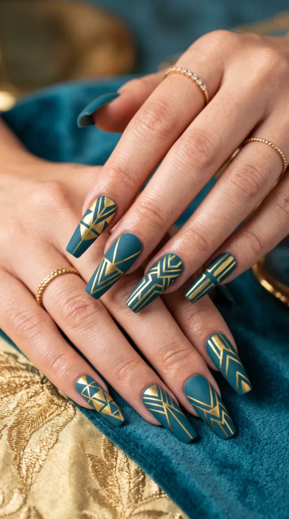 A woman with blue and gold nail polish.