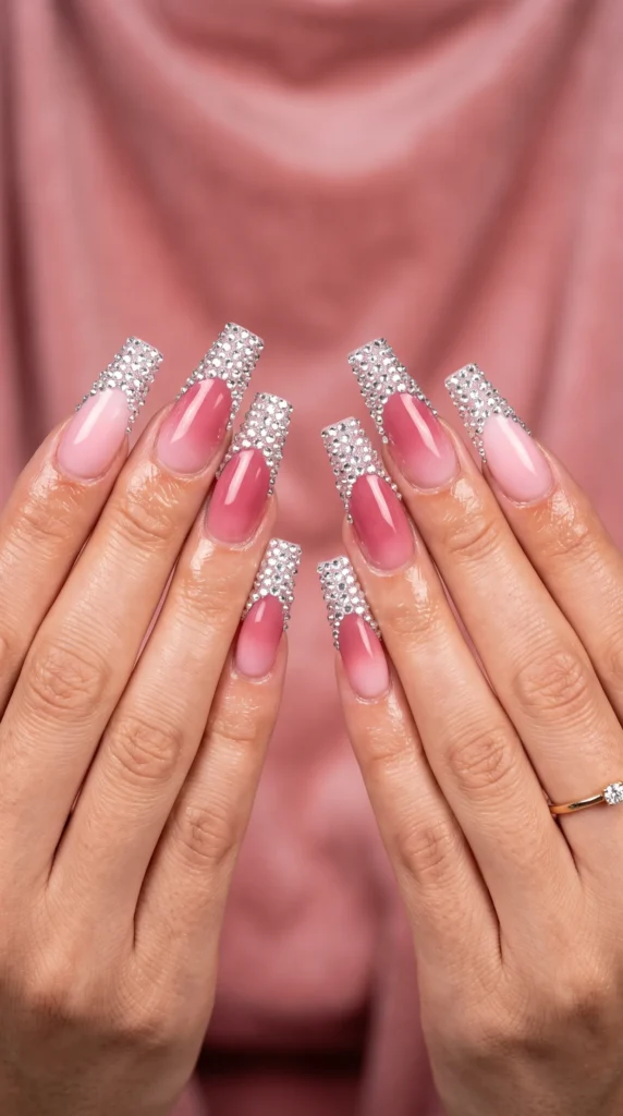 A woman with pink nail polish and a ring on her finger.
