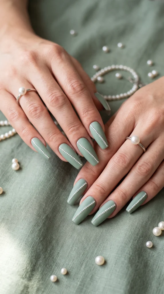 A person's hand with a ring on the finger and a green nail polish.