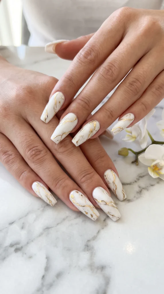 A woman with white nail polish and gold accents.