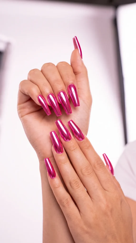 A woman with pink nails.