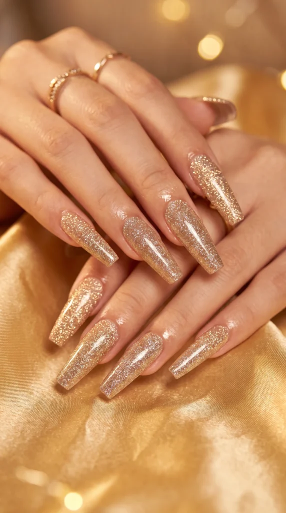 A woman's hand with gold nail polish.