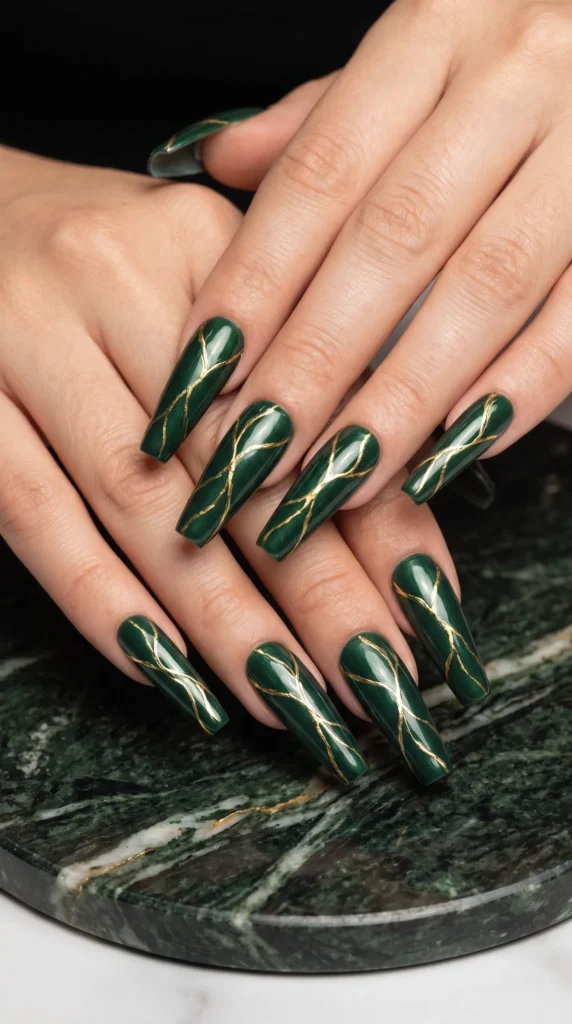 A woman's hand with green and gold nail polish.