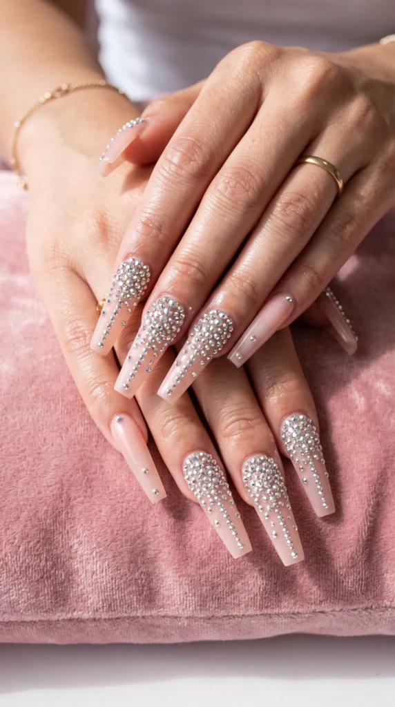 A woman's hand with pink nail polish and rhinestones.
