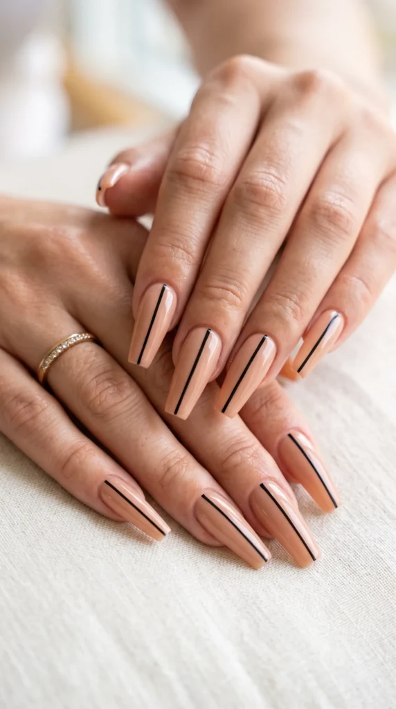 A woman's hand with a ring on her finger and a pink nail with a black stripe.