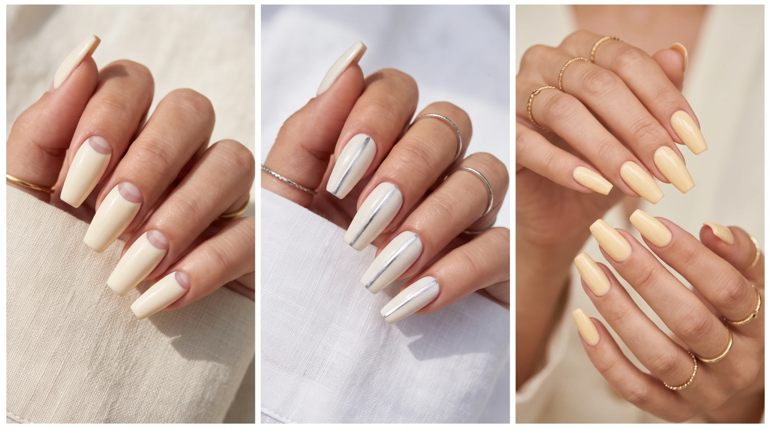 Long coffin nails warm nude glazed chrome with pearl cuticle detail gold rings quiet luxury look