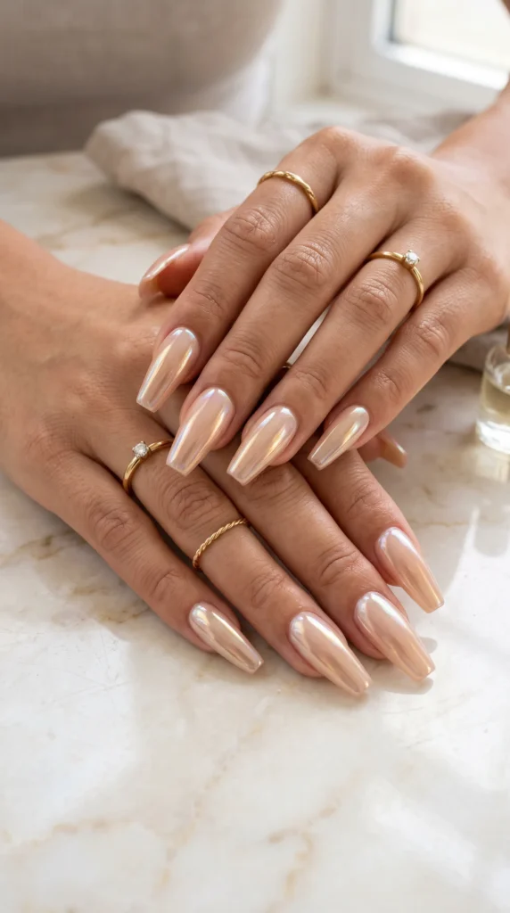 A woman with a gold ring on her finger and a pink nail polish on her fingernails.