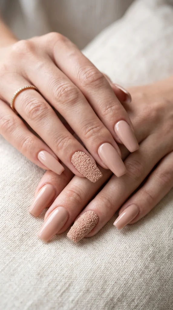 A woman's hand with a pink nail polish and a small white bead on the tip of the finger.