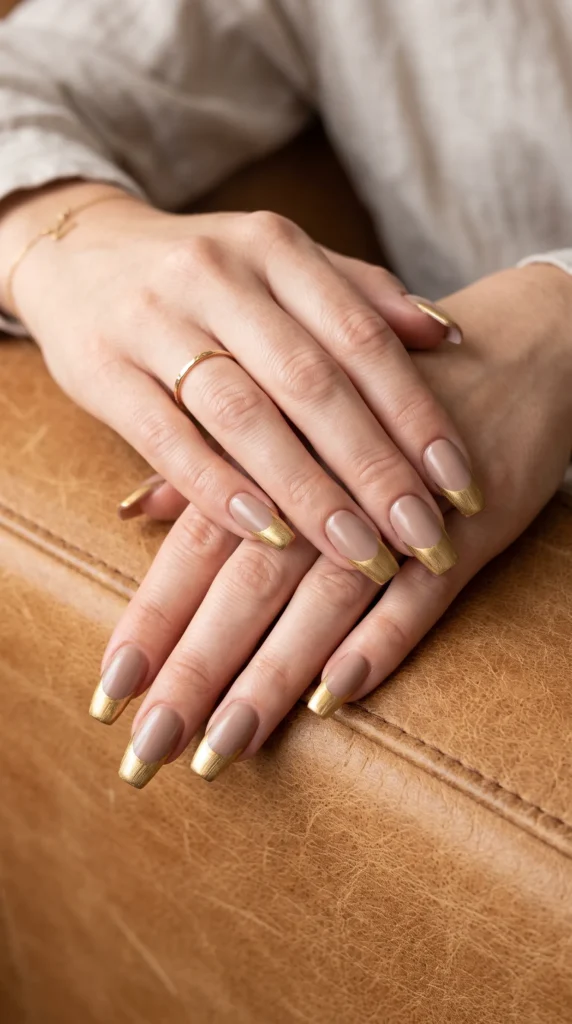 A woman with gold nail polish on her fingernails.