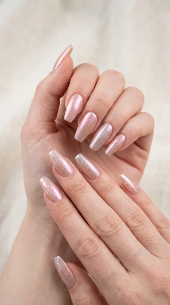 A person's hand holding a pink nail polish bottle.