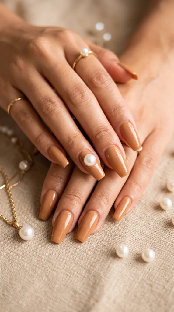 A woman's hands with light brown nail polish and a pearl on the middle finger.