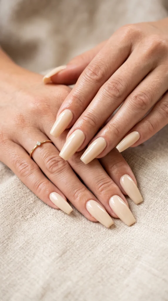 A person's hand with a ring on the finger and a manicured nail.
