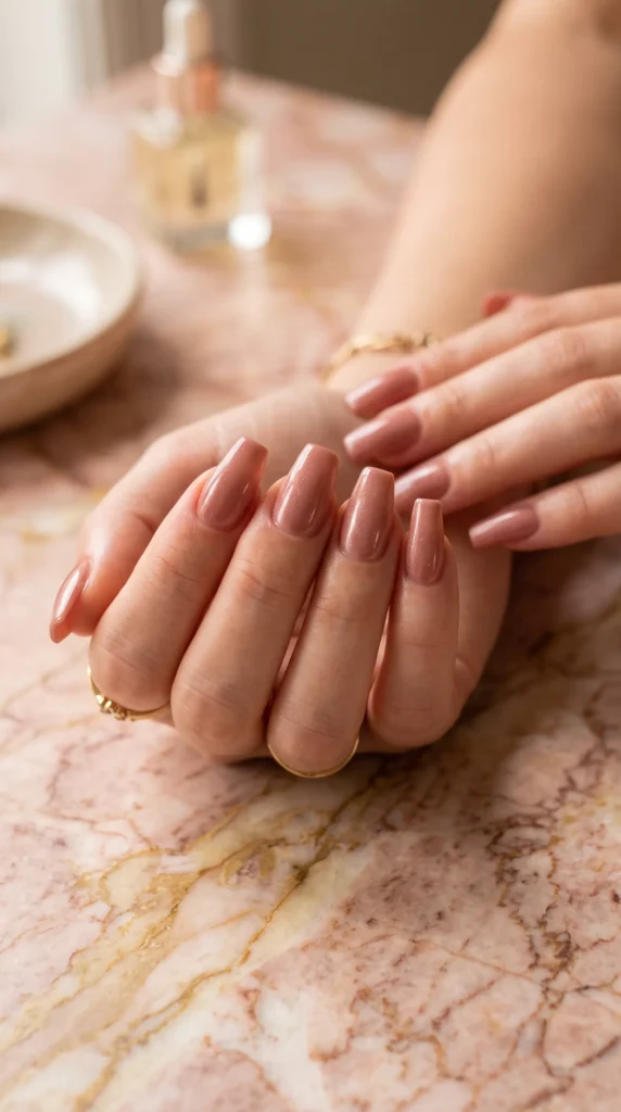 A woman with light pink nail polish on her fingernails.