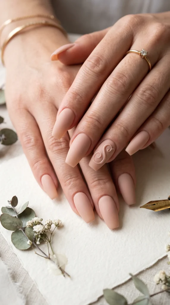 A woman's hand with a ring on the middle finger.