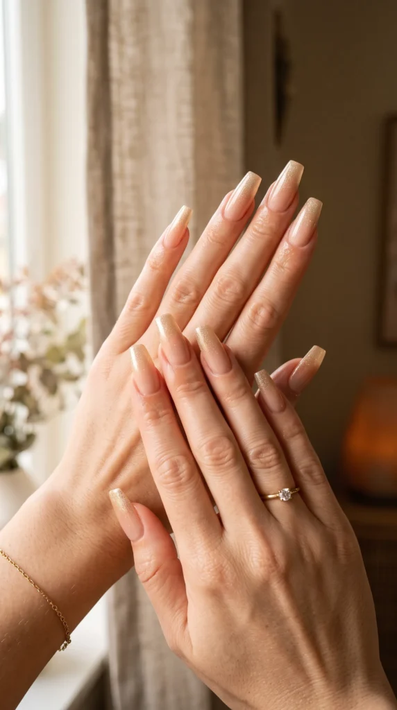 A woman with long nails and a ring on her finger.