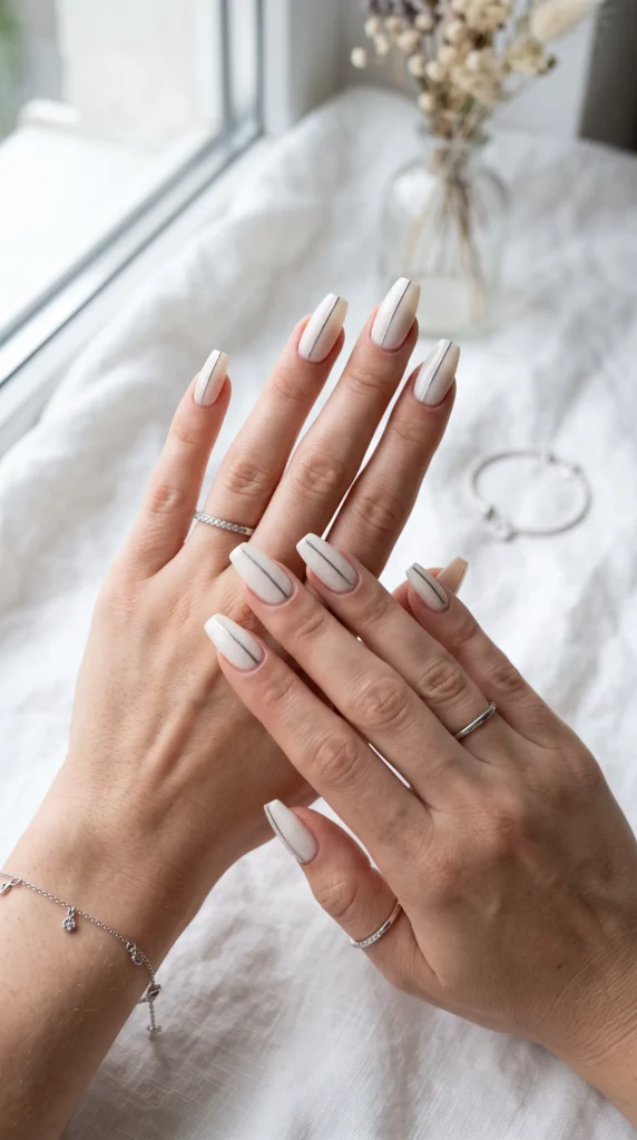 A woman with white nail polish on her fingers.