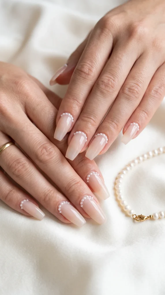 A woman's hand with a pearl necklace and painted nails.