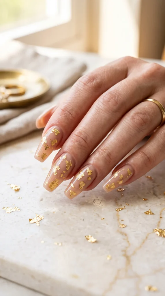 A woman's hand with gold nail polish and gold stars.