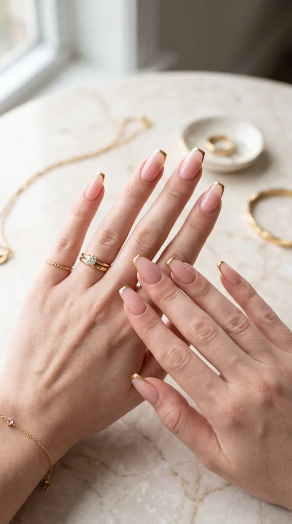 A woman with a ring on her finger and gold nail polish on her fingernails.