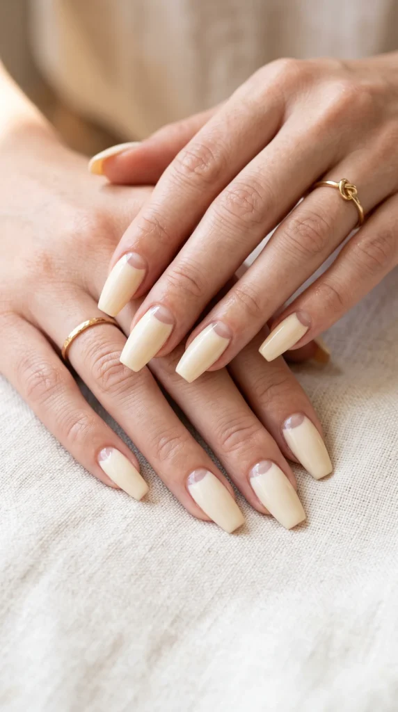 A person's hand with a ring on the finger and a nail painted white.