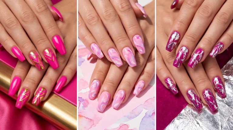 A person with pink nails and a pink background.