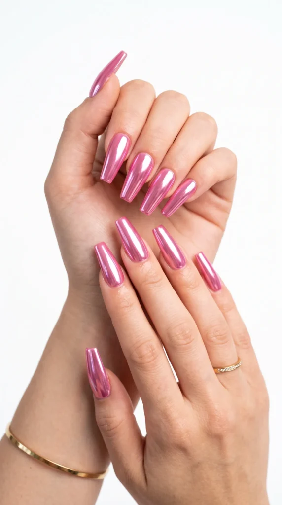 A woman's hand holding a pink nail polish bottle.