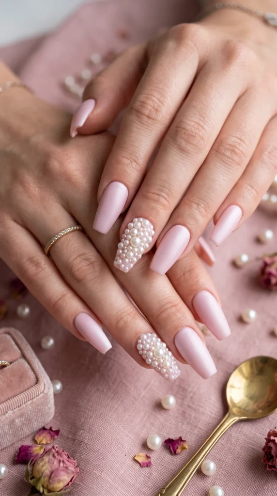 A woman with pink nail polish and a ring on her finger.