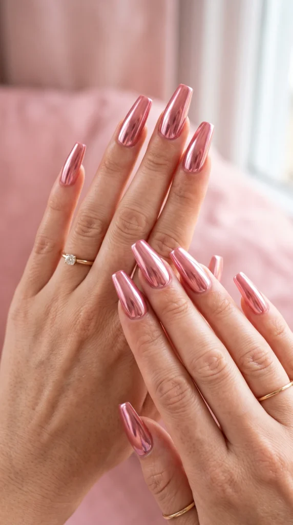 A woman with pink nails and a ring on her finger.