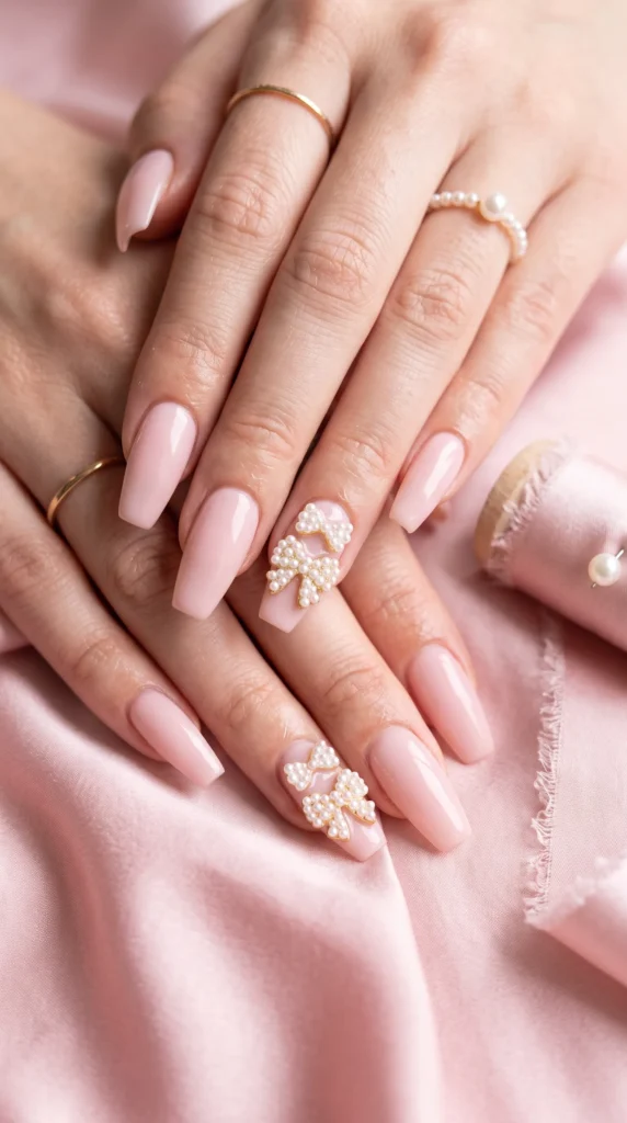 A woman with pink nails and a pink bow on her nails.