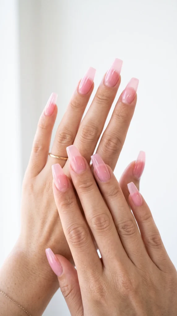 A woman with pink nails and a ring on her finger.