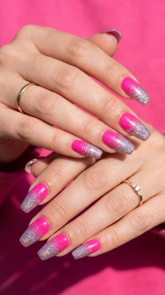 A person wearing a pink shirt and pink nail polish.