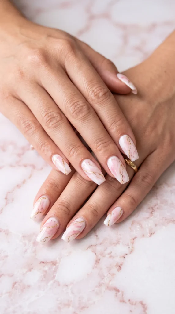 A person's hand with pink and white nail polish.