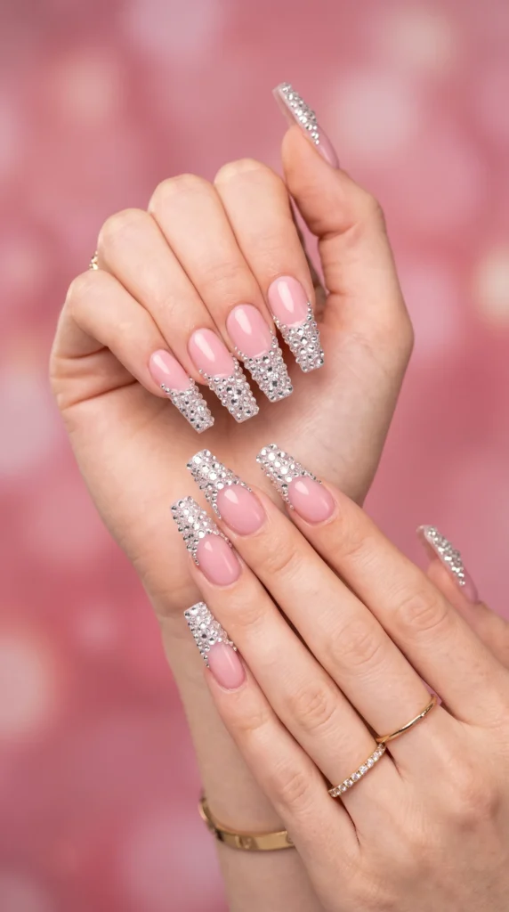 A person's hand with pink nail polish and a ring on the finger.