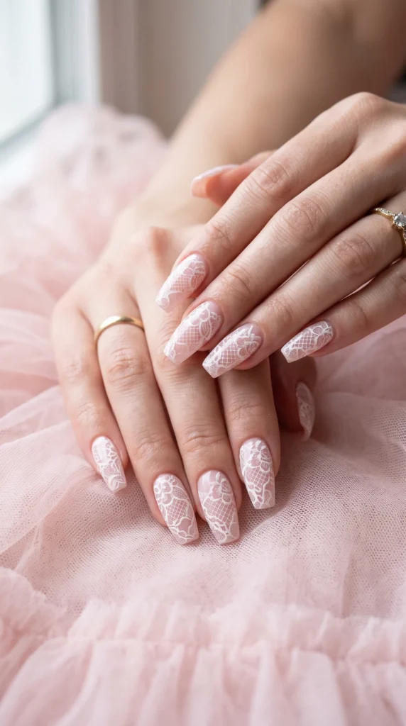 A woman's hand with a ring on her finger and white nail polish.