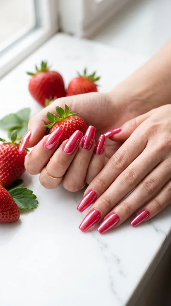 A person's hand holding a strawberry with a pink nail polish.