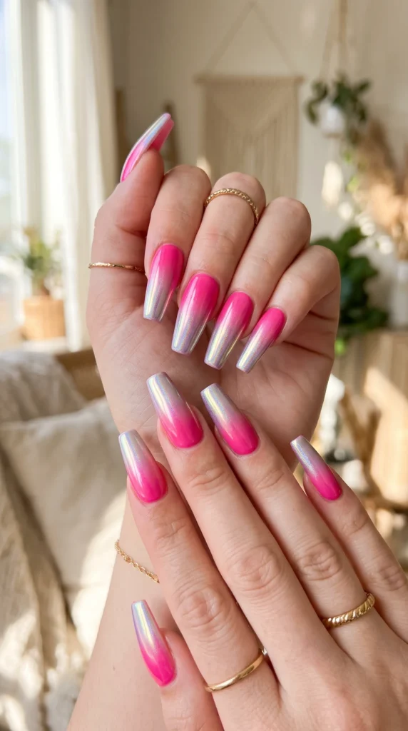 A woman with pink nails and a gold ring.