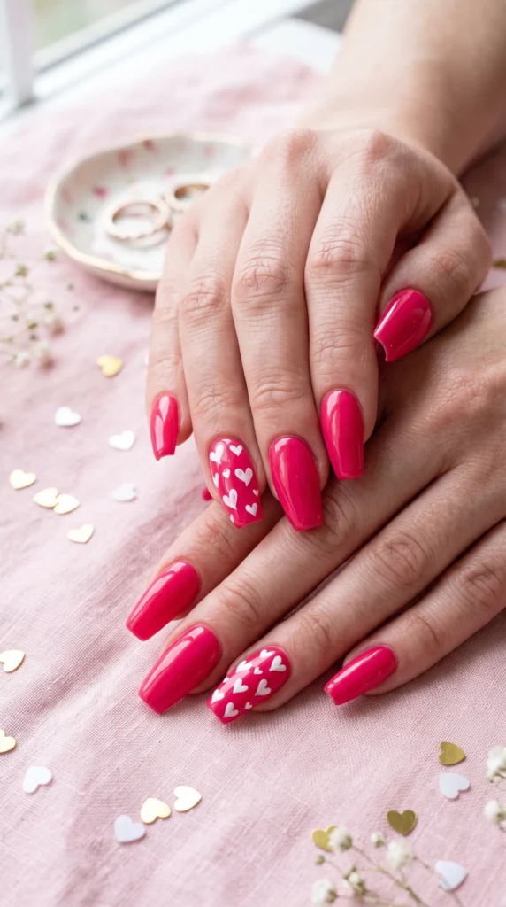 A hand with pink nail polish with hearts on the tips.