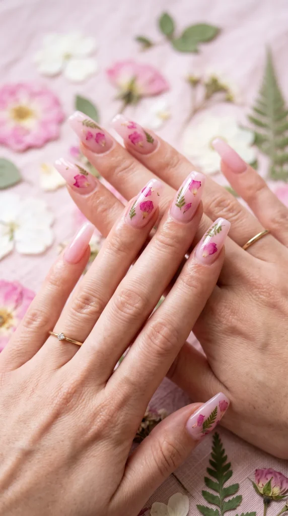 A woman with pink nail polish and a ring on her finger.