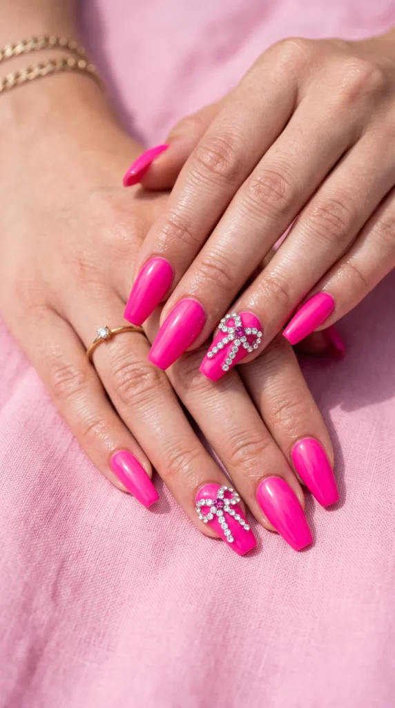 A person with pink nails and a ring on their finger.