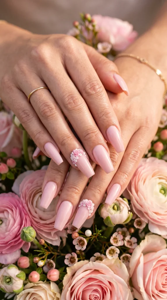 A woman with pink nail polish and a ring on her finger.